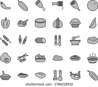 Thin line gray tint vector icon set - deep plate with a spoon vector, plastic fork spoons, iron, sausage, canned goods, fried vegetables on sticks, onion, slices of, noodles, cake, pie, in saucepan