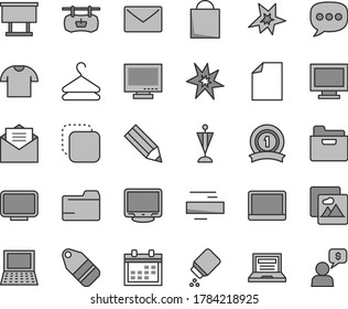 Graue dünne Linie, Vektorsymbol-Set - Laptop, Monitor, Fenster, Kalender, Papiertüte, sauberes Blatt, Ordner, Minus, Babypulver, Briefumschlag, Empfangsbrief, Bild, T-Shirt, Aufkleber, Etikett