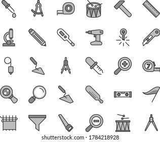 Thin line gray tint vector icon set - graphite pencil vector, yardstick, zoom, out, wind direction indicator, electronic thermometer e, mercury, drumroll, drum, trowel, building, drill, arm saw