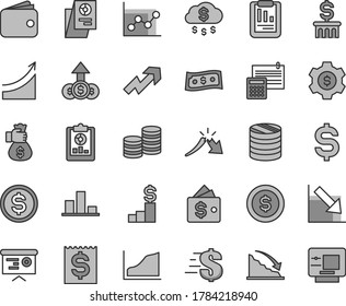 Thin line gray tint vector icon set - growth up vector, dollar, graph, negative chart, calculation, coins, column of, recession, a crisis, statistical report, overview, denomination the, wallet, atm