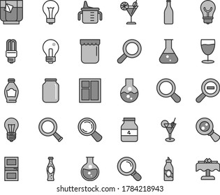 Thin line gray tint vector icon set - matte light bulb vector, incandescent lamp, magnifier, zoom out, measuring cup for feeding, window, interroom door, a glass of tea, cocktail, bottle soda, jam