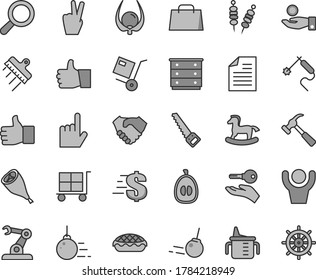 Thin line gray tint vector icon set - cargo trolley vector, scribbled paper, magnifier, dollar, chest of drawers, measuring cup for feeding, small rocking horse, big core, arm saw, spatula, thumb up