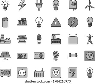 Thin line gray tint vector icon set - lightning vector, incandescent lamp, saving light bulb, power socket type b, f, dangers, charge level, solar panel, windmill, accumulator, battery, line, energy