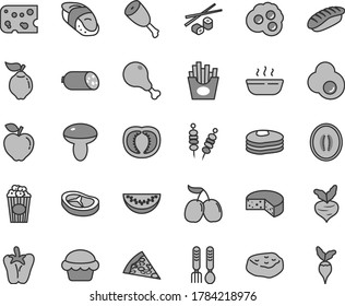 Thin line gray tint vector icon set - iron fork spoons vector, sausage, piece of cheese, fried vegetables on sticks, pizza, mushroom, cake, hot porridge, chicken leg, thigh, bacon, meat, peper, egg
