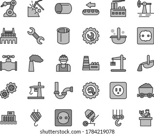 Thin line gray tint vector icon set - hook vector, winch, concrete mixer, sewerage, power socket type b, f, gear, star, working oil derrick, coal mining, valve, manufacture, hydroelectric station