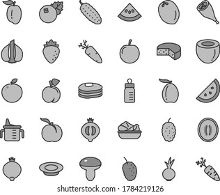 Thin line gray tint vector icon set - measuring cup for feeding vector, bottle, cheese, mushroom, lettuce in a plate, of milk, grill chicken leg, cucumber, beet, carrot, blueberries, orange slice