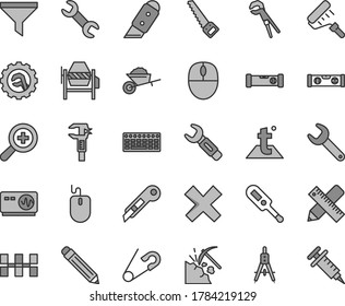 Thin line gray tint vector icon set - graphite pencil vector, zoom, cross, open pin, electronic thermometer e, garden trolley, concrete mixer, adjustable wrench, arm saw, paint roller, building