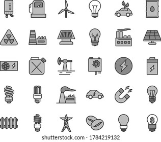 Thin line gray tint vector icon set - matte light bulb vector, saving, new radiator, electronic boiler, coffee beans, charging battery, solar panel, working oil derrick, gas station, windmill, sun