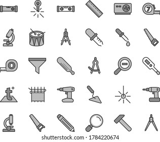Thin line gray tint vector icon set - graphite pencil vector, yardstick, zoom out, electronic thermometer e, mercury, drum, building trowel, cordless drill, hand saw, arm, measuring tape, hammer