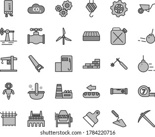 Thin line gray tint vector icon set - crane vector, brick wall, hook, big core, building trolley, trowel, concrete mixer, hand saw, long meashuring tape, construction level, putty knife, windmill