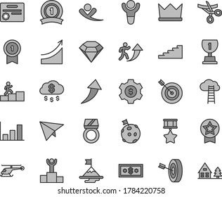 Thin line gray tint vector icon set - growth graph vector, winner, podium, award, man arrow up, carrer stairway, motivation, flag on moon, target, purpose, medal with pennant, ribbon, hero, star
