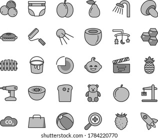 Thin line gray tint vector icon set - zoom vector, movie cracker, pie chart, toys over the cradle, nappy, baby bath ball, small teddy bear, funny hairdo, drill, paint bucket, new roller, shower, CO2