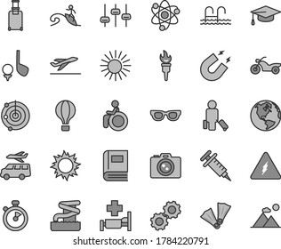 Thin line gray tint vector icon set - electricity vector, atom, glasses, gears, settings, book, magnet, graduate hat, radar, syringe, stopwatch, flame torch, earth, air balloon, motorcycle, sun