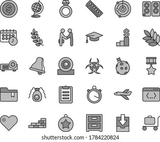 Thin line gray tint vector icon set - bell vector, download archive data, folder bookmark, brick wall, heart, nightstand, memory, web camera, pc speaker, coding, projector, schedule clock, bactery