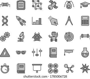 Thin line gray tint vector icon set - math actions vector, rocket, flask, microscope, molecule, electricity, glasses, dna, gears, settings, satellite, bactery, book, biohazard, graduate hat, radar