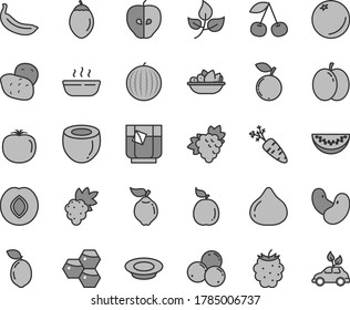 Thin line gray tint vector icon set - hot porridge vector, a plate of fruit, milk, glass tea, orange, honeycombs, cherry, apple, grape, branch, quince, tasty, plum, fig, blackberry, blueberry, slice