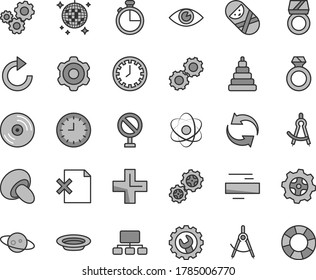 Thin line gray tint vector icon set - prohibition vector, clock face, renewal, plus, minus, clockwise, stacking toy, tumbler, cogwheel, gear, eye, timer, CD, delete page, porcini, plate, gears, atom