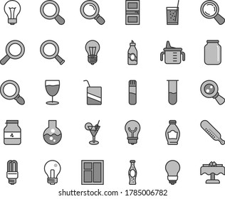 Thin line gray tint vector icon set - matte light bulb vector, incandescent lamp, magnifier, measuring cup for feeding, mercury thermometer, e, window, interroom door, a glass of soda, bottle, flask