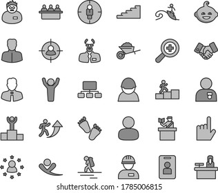 Thin line gray tint vector icon set - zoom vector, funny hairdo, children's tracks, workman, garden trolley, employee, index finger, racer, court hearing, woman, man, in sight, goal, scheme, hands