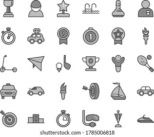 Thin line gray tint vector icon set - stopwatch vector, motor vehicle, present, child Kick scooter, car, racer, retro, flame torch, winner, pedestal, prize, gold cup, pawn, star reward, pennant