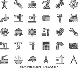 Thin line gray tint vector icon set - crane vector, tower, cogwheel, helmet, gear, working oil derrick, manufacture, hydroelectric station, power line, pole, industrial building, factory, gears