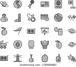 Thin line gray tint vector icon set - wind direction indicator vector, dummy, baby carriage, bath ball, toy mobile phone, passport, planet, plum, blueberry, delicious, ripe, onion, Earth, lighthouse