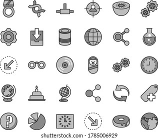 Thin line gray tint vector icon set - renewal vector, add label, download archive data, question, roly poly doll, birthday cake, gears, cogwheel, left bottom arrow, CD, earth, right, tin, kiwi, dna