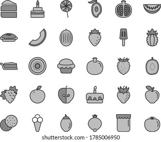 Juego de iconos vectoriales de tono gris de línea delgada - vector de torta, trozo de, trozo, torta, cumpleaños, pastel, langosta, paleta, cono, mermelada, galleta, granada, mitad, ramificación de uva, manzana roja, sabrosa, frambuesa, medallero