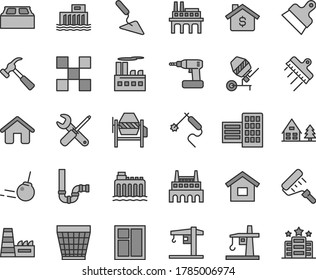 Thin line gray tint vector icon set - wicker pot vector, crane, house, dwelling, building trowel, concrete mixer, window, small tools, cordless drill, paint roller, siphon, city block, tile, spatula