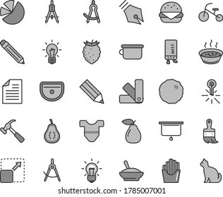 Thin line gray tint vector icon set - graphite pencil vector, scribbled paper, Child T shirt, children's potty, tricycle, color samples, wooden paint brush, sink, electronic boiler, hammer with claw