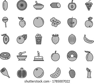 Thin line gray tint vector icon set - deep plate with a spoon vector, cake, sausage, hole, glazed, bowl of rice porridge, grill chicken leg, Chupa Chups, popcorn, cup, blueberries, orange, peach