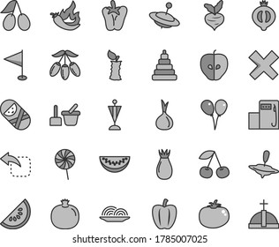 Thin line gray tint vector icon set - cross vector, pennant, stacking toy, tumbler, sand set, yule, small, colored air balloons, move left, onion, tomato, peper, lollipop, cherry, pomegranate, stub