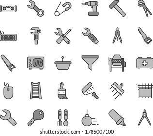 Thin line gray tint vector icon set - repair key vector, open pin, bag of a paramedic, iron fork spoons, big core, concrete mixer, small tools, adjustable wrench, cordless drill, hand saw, arm, pan
