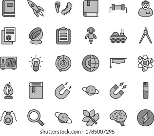 Thin line gray tint vector icon set - book vector, e, scientific publication, test tube, atom, zoom, bulb, brain, bactery, oscilloscope, magnet, flame, scientist, graduate hat, clipboard, radar