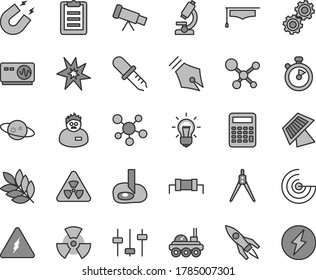 Juego de iconos vectoriales de tono gris de línea delgada - microscopio vectorial, telescopio, molécula, electricidad, nuclear, bombilla, engranajes, ajustes, pipeta, osciloscopio, imán, científico, sombrero de graduado, portapapeles, radar
