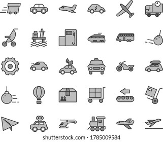 Thin line gray tint vector icon set - truck lorry vector, cargo trolley, paper airplane, summer stroller, motor vehicle, present, baby toy train, big core, car, delivery, cardboard box, shipment