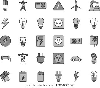Thin line gray tint vector icon set - lightning vector, matte light bulb, incandescent lamp, saving, power socket type b, f, dangers, charge level, charging battery, windmill, factory, line, pole