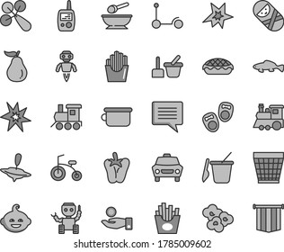 Thin line gray tint vector icon set - image of thought vector, wicker pot, baby rattle, tumbler, toy mobile phone, sand set, children's, deep plate with a spoon, potty, funny hairdo, train, car