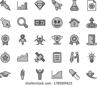 Thin line gray tint vector icon set - flask vector, zoom, bulb, satellite, biohazard, pipette, graduate hat, clipboard, growth graph, medal, robot, syringe, ink pen, flame torch, prize, arrow, star