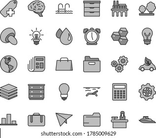 Thin line gray tint vector icon set - folder vector, add label, calculator, storage unit, chest of drawers, bulb, alarm clock, pile, porcini, honeycombs, planet Earth, trees, industrial enterprise