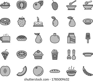 Thin line gray tint vector icon set - deep plate with a spoon vector, plates and spoons, plastic fork, cake, coffee, package, loaf, mini hot dog, muffin, hole, apple pie, porridge in saucepan, milk