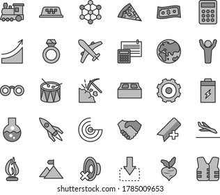 Thin line gray tint vector icon set - truck lorry vector, add bookmark, silent mode, drum, calculation, building block, move down, piece of pizza, beet, charging battery, coal mining, planet, flask