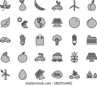 Thin line gray tint vector icon set - saving light bulb vector, drop, cabbage, apple, pear, mint, tangerine, yellow lemon, delicious, peas, broccoli, solar panel, big, leaves, leaf, windmill, bag