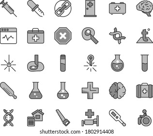 Thin line gray tint vector icon set - mark of injury vector, spectacles, first aid kit, plus, electronic thermometer e, mercury, bag a paramedic, medical, arm saw, estimate, temperature, cardiogram
