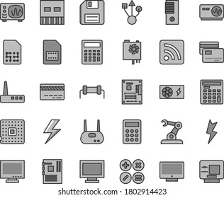 Thin line gray tint vector icon set - lightning vector, floppy disk, monitor, window, bank card, calculator, rss feed, screen, cards, math actions, processor, assembly robot, SIM, engineer, tower