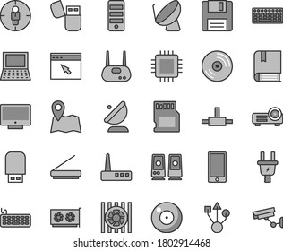 Thin line gray tint vector icon set - camera vector, e, CD, screen, smartphone, electric plug, satellite dish, antenna, goal woman, notebook pc, radiator fan, keyboard, tower, cpu, gpu card, usb, sd