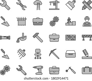 Thin line gray tint vector icon set - repair key vector, briefcase, crane, builder, brickwork, trowel, building, drill, construction level, writing accessories, drawing, putty knife, spatula, hammer