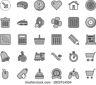 Thin line gray tint vector icon set - house vector, camera, grocery basket, silent mode, add label, rss feed, question, abacus, bell, dust bin, heart, regulator, right bottom arrow, cheese, cart