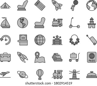 Thin line gray tint vector icon set - sign of the planet vector, Baby chair, car child seat, toy train, Kick scooter, suitcase, earth, passport, lighthouse, history, saturn, rocket, man hold world