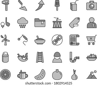Thin line gray tint vector icon set - spectacles vector, remove label, folder bookmark, mug for feeding, powder, cloud, packing of juice with a straw, drumroll, building trowel, stepladder, siphon